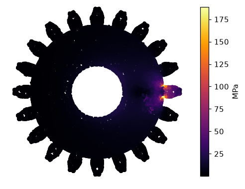 Structural loading result for a gear tooth, with the highest-stress region at the tooth root.